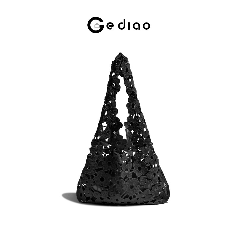 Light luxury niche simple black flower hollow bag for women