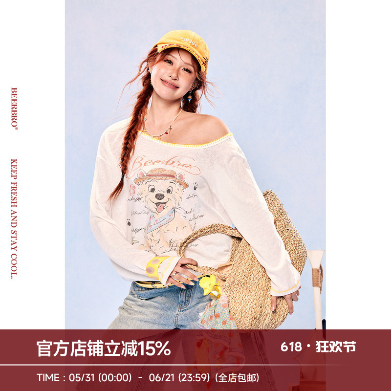 Beerbro『Carnival Music Festival』Summer Casual Sun Protection Color-Blocking Watercolor Puppy Print Off-Shoulder Long-Sleeve T-Shirt