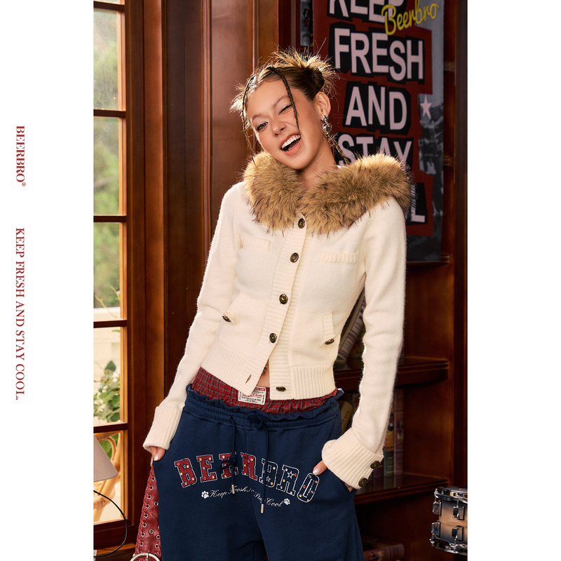 Beerbro『Rock Book Bar』Comfortable Yarn Autumn and Winter Tight-Fitting Detachable Fur Collar Short Sweater Jacket