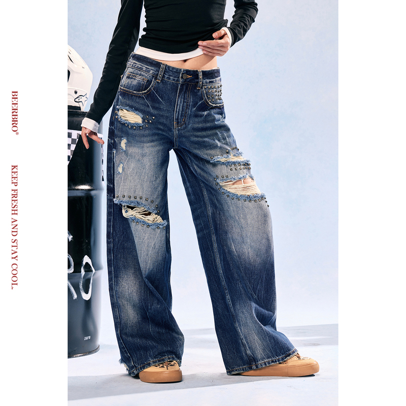 Beerbro『Racing Pulse』100% Cotton, Practical and Eye-Catching, Loose Straight-Leg Ripped Rivet Jeans Beerbro『Racing Pulse』100% Cotton, Practical and Eye-Catching, Loose Straight-Leg Ripped Rivet Jeans