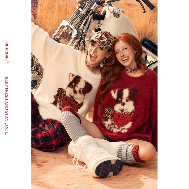 Beerbro『Road Sonic』Soft and Skin-Friendly Cute and Adorable Puppy Jacquard Faux Mink Loose Sweater