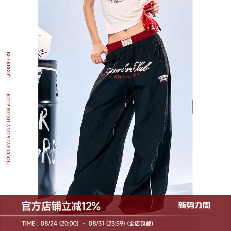 Beerbro『Celebrity Style』Summer Hot Girl Color-Block Double Waistband Lightweight Quick-Dry Wide-Leg Casual Sports Pants