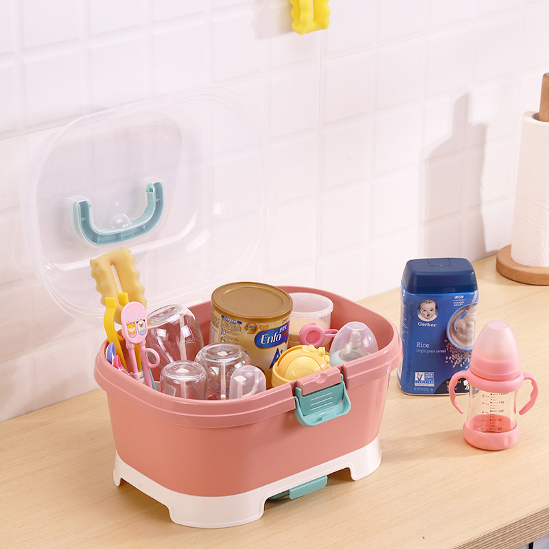 Bottle shelf plastic dustproof storage rack with lid Children's baby tableware storage box portable drying portable portable hand type