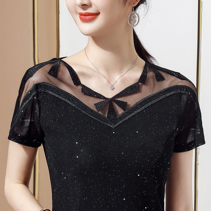 Short Sleeves New Summer National Mark Morden Ballroom Studded with Latin Dance hollowed-out round collar blouses women's practice dance suit-Taobao