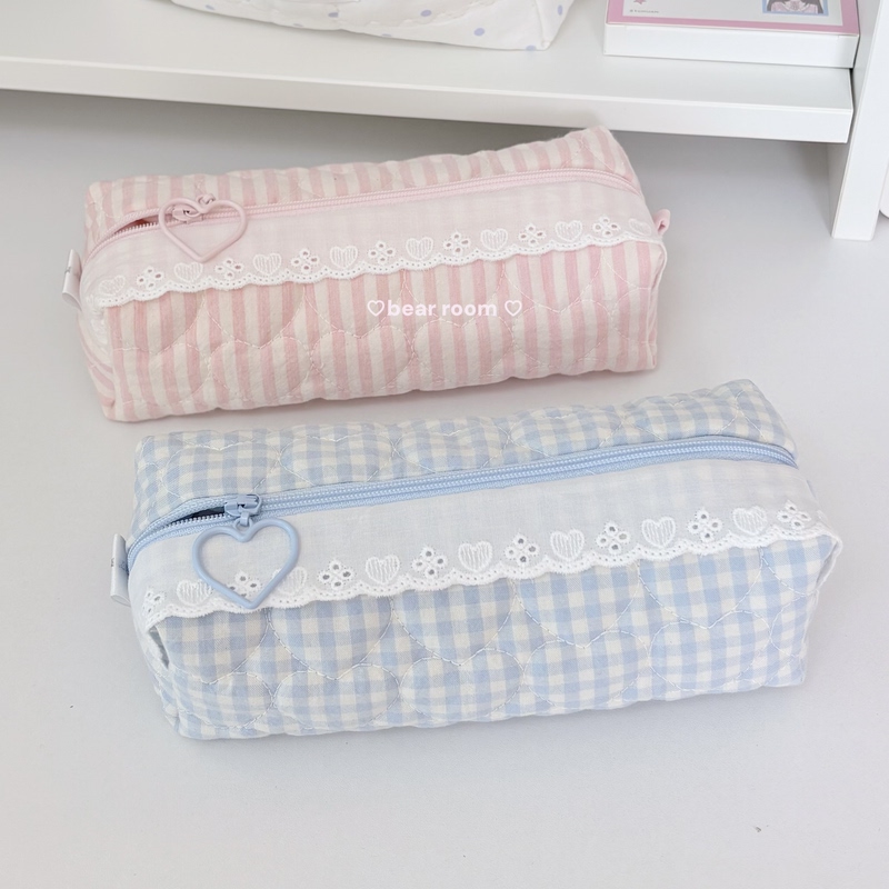 Little Bear House/Korean Fabric Ins-Style Lace Trim Girl's Quilted Pencil Case Large Capacity Stationery Storage Bag