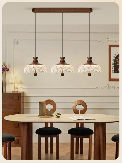 French Mid-Century Style Water Drop Dining Room Chandelier with Three Heads, Long Plate Bar Counter, Vintage Walnut Color Corridor Aisle Ceiling Light