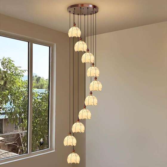 New Vintage-Style Staircase Chandelier for Villa Duplex Stairwell, High-Ceiling Large Chandelier, Retro Classic Fabric Chandelier