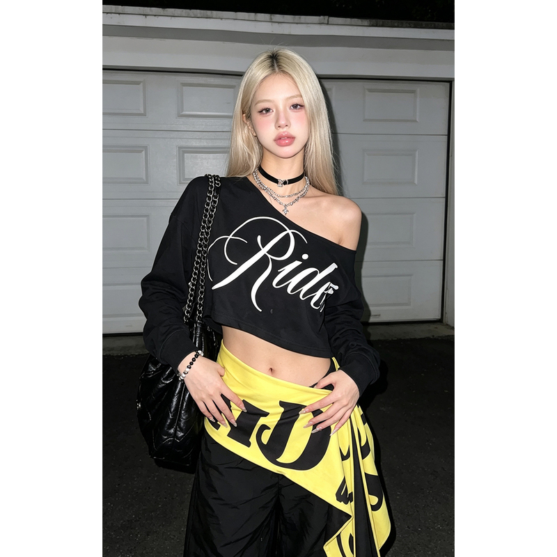 Floral Print American-Style Lettered One-Shoulder Top for Women, Dancewear, Jazz Layered Short Crop Top Sweatshirt, Ins Style