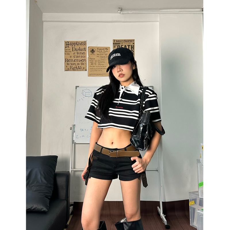 Hua Xiaodao American Retro Hot Girl Black Striped Short-Sleeved Top for Women, Summer Polo Collar Short Design T-Shirt Hua Xiaodao American Retro Hot Girl Black Striped Short-Sleeved Top for Women, Summer Polo Collar Short Design T-Shirt
