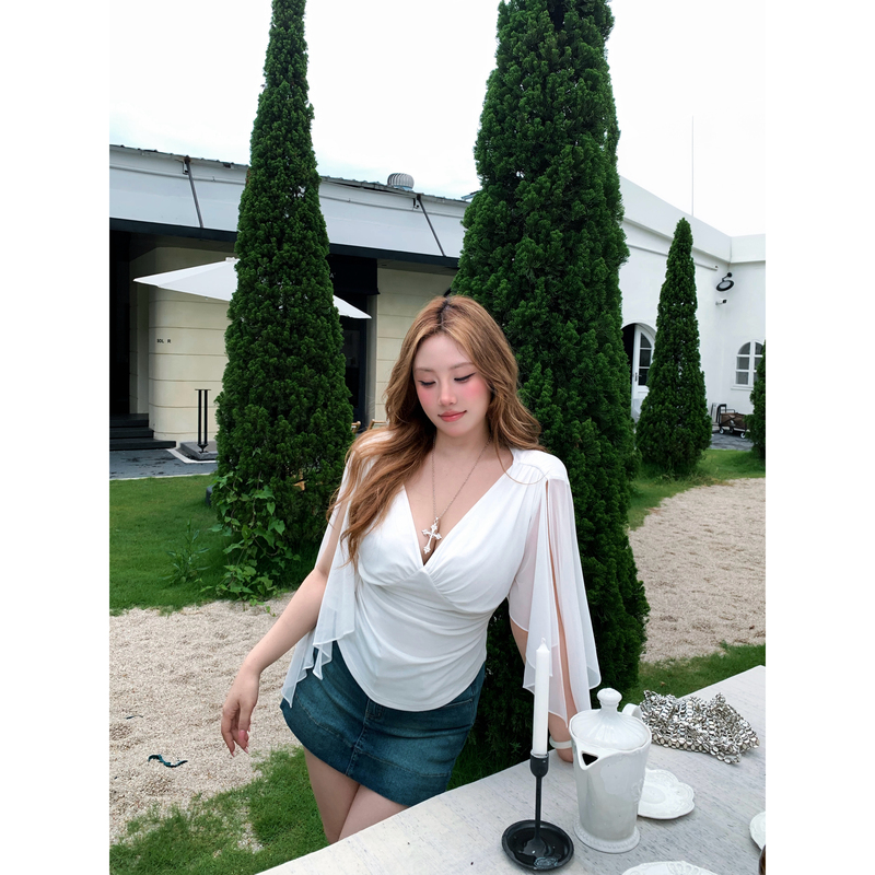 【Silk Diary】 "Temple Prayer" Irregular Design Elegant Deep V-Neck Ribbon Slimming Top