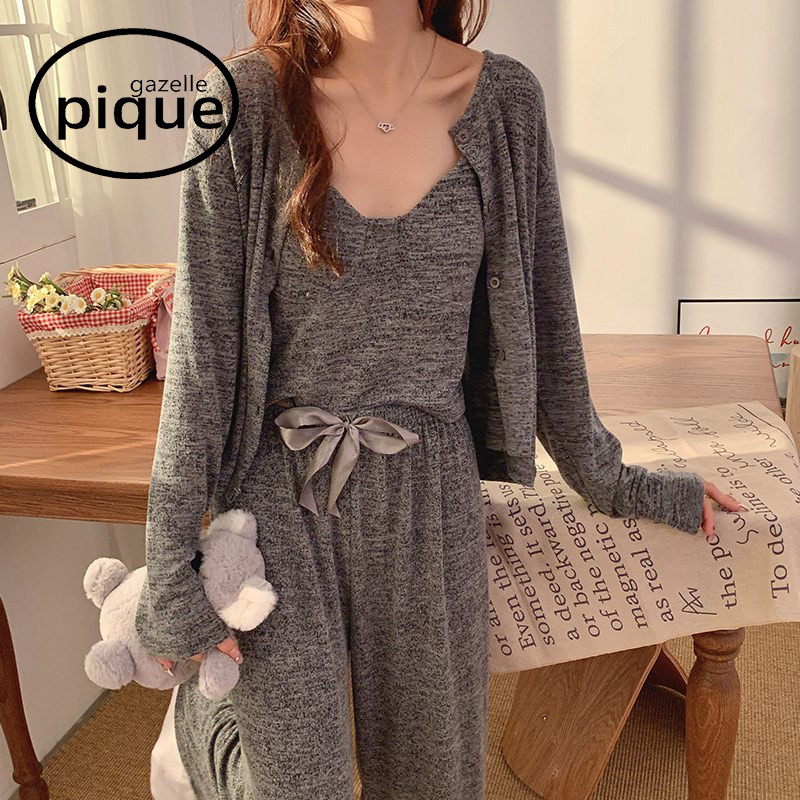 Japanese-Style Gp Spring and Autumn Knitted Pure Cotton Pajamas for Women, Sexy Gray with Chest Pads, Camisole, Long Sleeves, Long Pants, Three-Piece Set