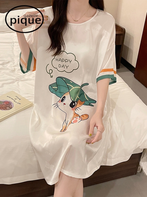 Japanese Gp Silk Pajamas for Women, Summer Thin Style, Cartoon Cute, Loose Fit, Plus Size, Short-Sleeved Nightdress, Can Be Worn Outside, Loungewear