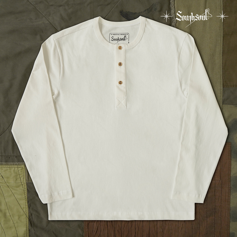 Dyeable Heavyweight Pure Cotton White Henley Shirt, Anti-Deformation, Anti-Shrinkage, Skin-Friendly, Versatile, Double Yarn, Round Neck, Long-Sleeved T-Shirt