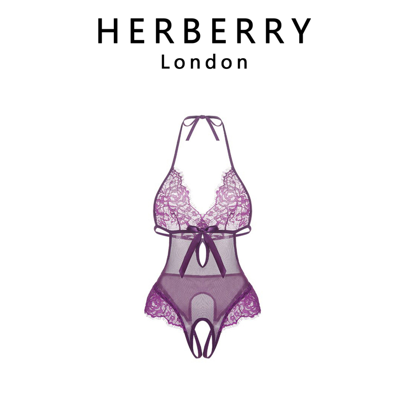 Uk Herberry Sexy Abstinence-Style Halter Deep V Lace Trim Hollow-Out Mesh Bowknot No-Take-Off Bodysuit