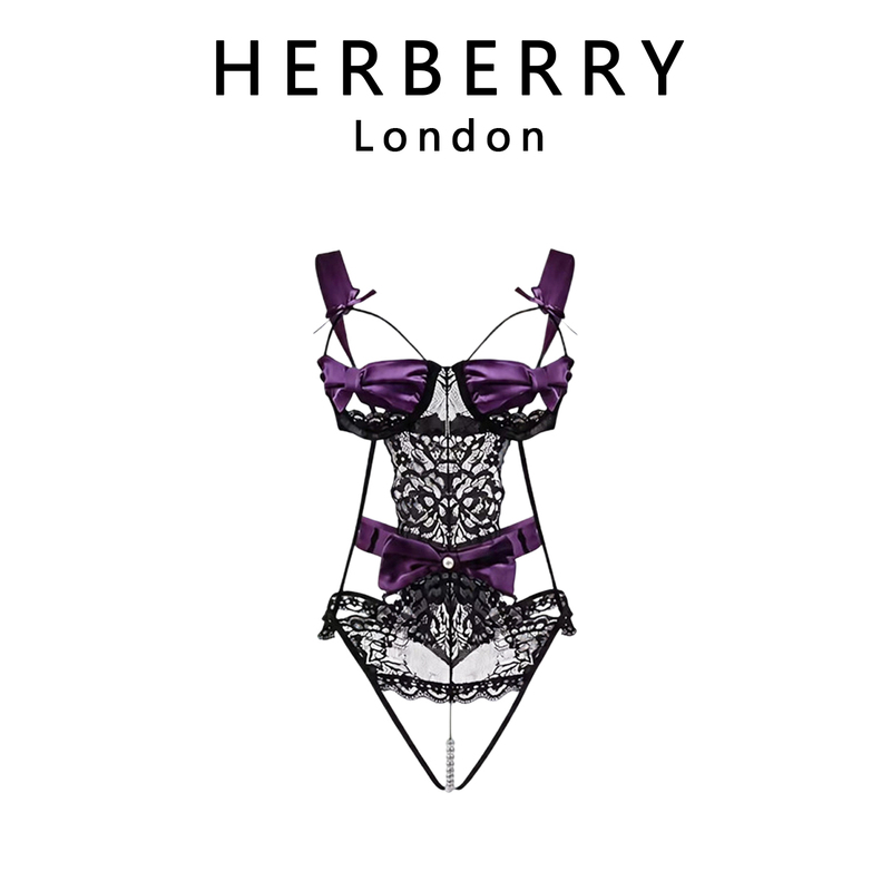 British Herberry Sexy Bowknot Hollow-Out Strap Bodysuit with Pearl Open Crotch Design, Pure Desire No-Take-Off Outfit