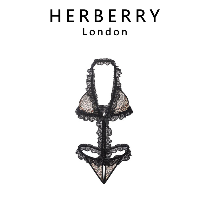 British Herberry French-Style Halter Lace-Trimmed Hollow-Out Leopard Print Mesh Sexy Bow-Tie No-Take-Off Bodysuit British Herberry French-Style Halter Lace-Trimmed Hollow-Out Leopard Print Mesh Sexy Bow-Tie No-Take-Off Bodysuit