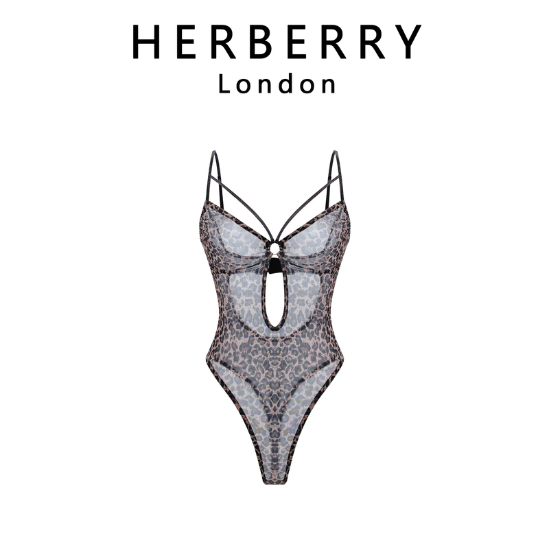British Herberry Sexy Cut-Out Leopard Print Mesh Bodysuit with Suspenders and Hidden Snap Fasteners All-In-One Sleepwear for Women
