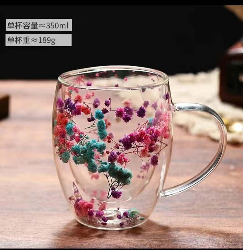 Double-Layer Glass Quicksand Dried Flower Cup, High Borosilicate Glass Double-Layer Cup, Milk Coffee Cup, Household Drinking Cup