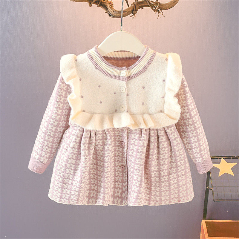 Female baby sweater skirt Korean version of the girl spring and autumn sweater thickened baby clothes Little girl knitted cardigan