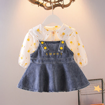 Girls Autumn suit Childrens denim strap skirt two-piece set 1-year-old baby shirt Childrens skirt Baby clothes