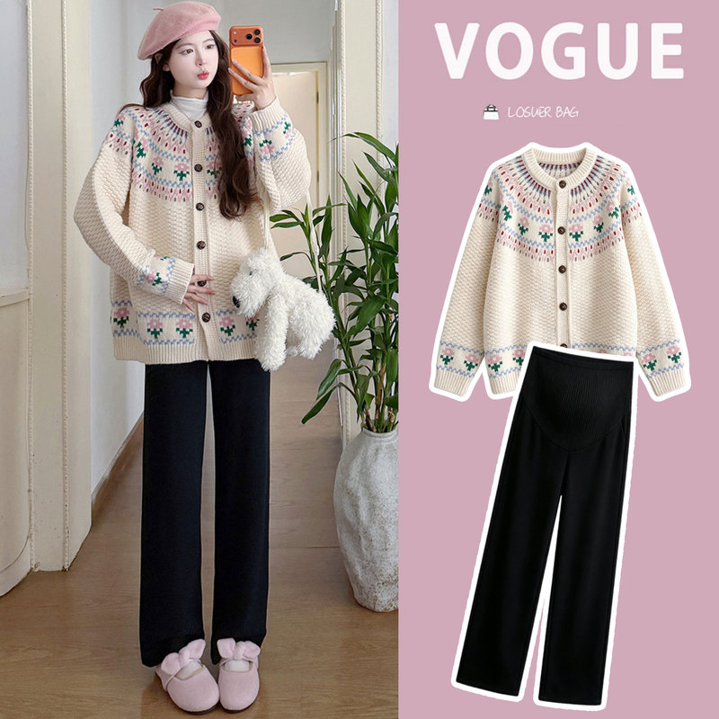 Maternity Fashion Set, Lazy Style Maternity Wear, Autumn and Winter Loose Knit Thickened Top, Belly Support Pants, Two-Piece Set for Pregnancy