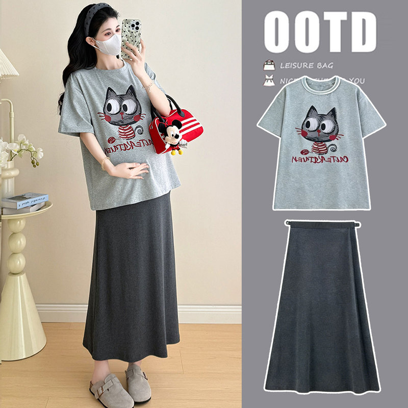 Internet Celebrity Maternity Summer Wear, New Summer Style Casual Age-Reducing Maternity Wear, Printed T-Shirt and Skirt, Two-Piece Set for Pregnancy