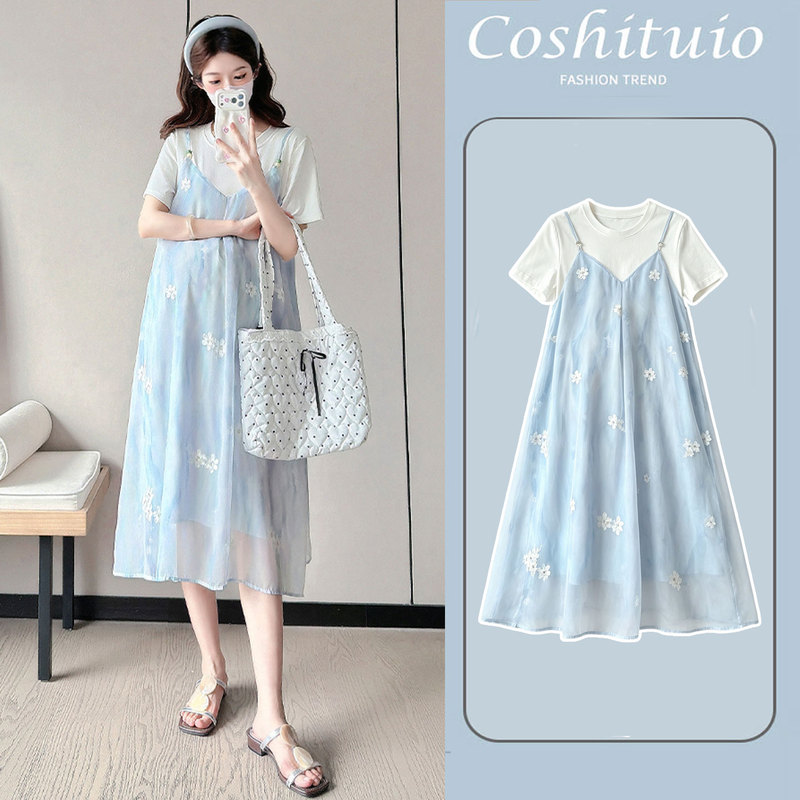 October Maternity Wear French Pastoral Style Fake Two-Piece Floral Dress Women's Summer Blue Long Dress Slimming and Elegant Dress October Maternity Wear French Pastoral Style Fake Two-Piece Floral Dress Women's Summer Blue Long Dress Slimming and Elegant Dress