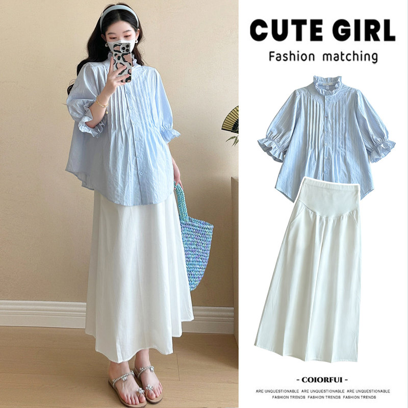 Pregnancy Outfits: New Summer Maternity Set, Trendy Mom Style Maternity Shirt, High-Waisted Belly-Supporting Skirt, Summer Style