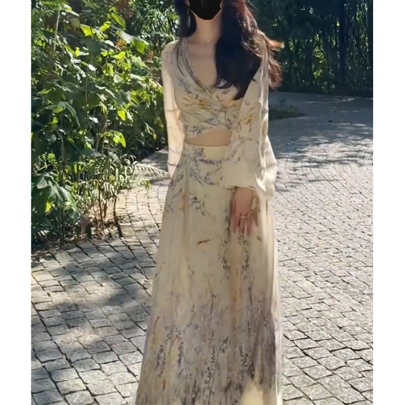 Sanya Vacation Outfit Set Long-Sleeved Cross-Tie V-Neck Shirt Top Women's Autumn Skirt Printed Two-Piece Set