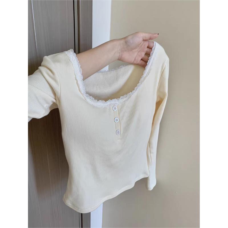 Design-Focused, Unique Lace Square-Neck Long-Sleeve T-Shirt for Women, Suitable for Spring and Autumn, Short Base Layer, Slim Fit, Flattering Top