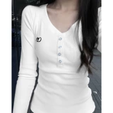 Сексуальный хлопковый осенний короткий базовый приятный телу лонгслив, V-образный вырез, в американском стиле, облегающий крой