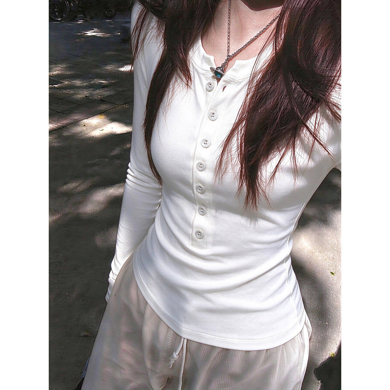 Design-Focused, Unique Button-Up Long-Sleeve T-Shirt for Women, Suitable for Spring, Autumn, and Winter, Short Base Layer Top, Slim-Fit, Flattering Top for a Trendy Look