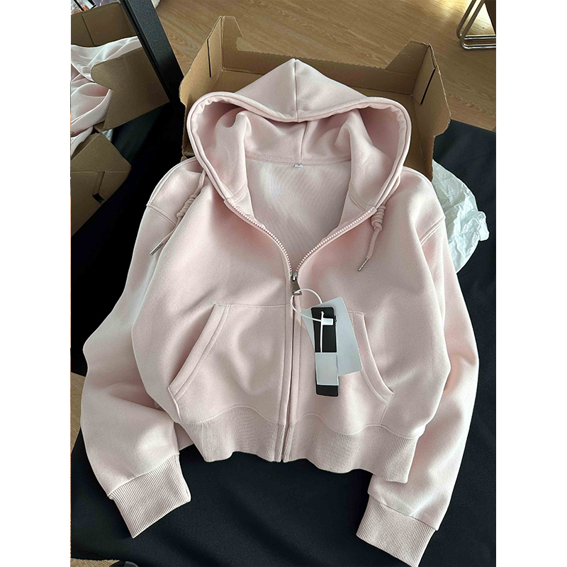 Hooded Short Fleece Sweatshirt for Women, Autumn and Winter Oversize Solid Color Jacket, Korean Style Trendy Loose Lazy Cardigan Top