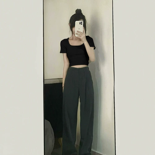 Сексуальная короткая приталенная футболка, квадратный вырез, высокая талия