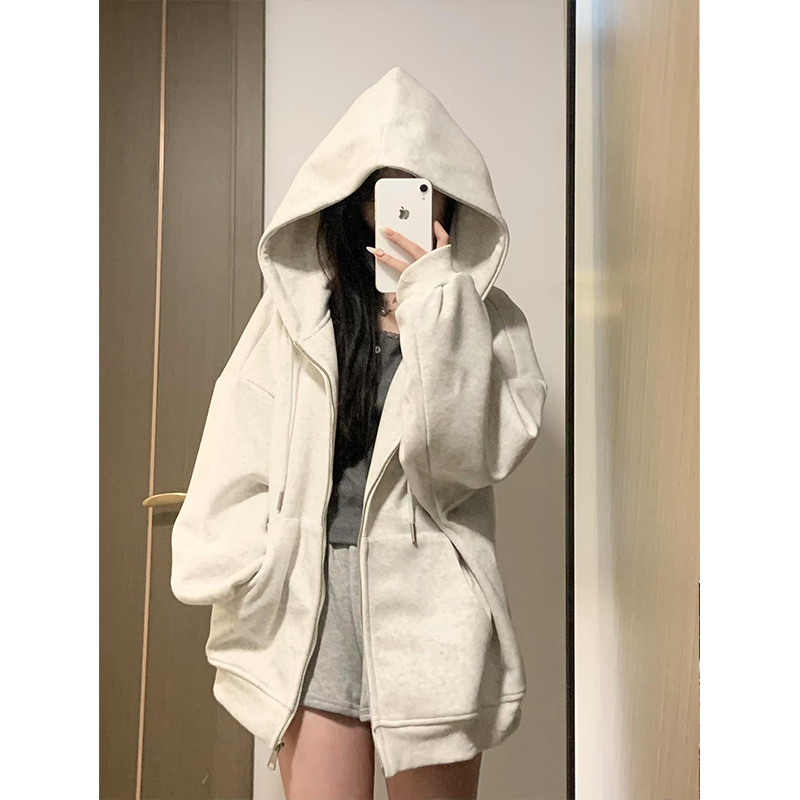 American Retro Street Style Fleece-Lined Thickeneded Hooded Sweatshirt for Women in Autumn and Winter Oversize Jacket Chic Lazy Cardigan American Retro Street Style Fleece-Lined Thickeneded Hooded Sweatshirt for Women in Autumn and Winter Oversize Jacket Chic Lazy Cardigan