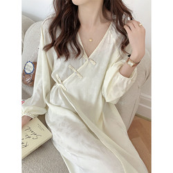 New Chinese national style satin V -neck sleeping skirt female spring and autumn high -level sense blooming pajamas long -sleeved summer thin home service