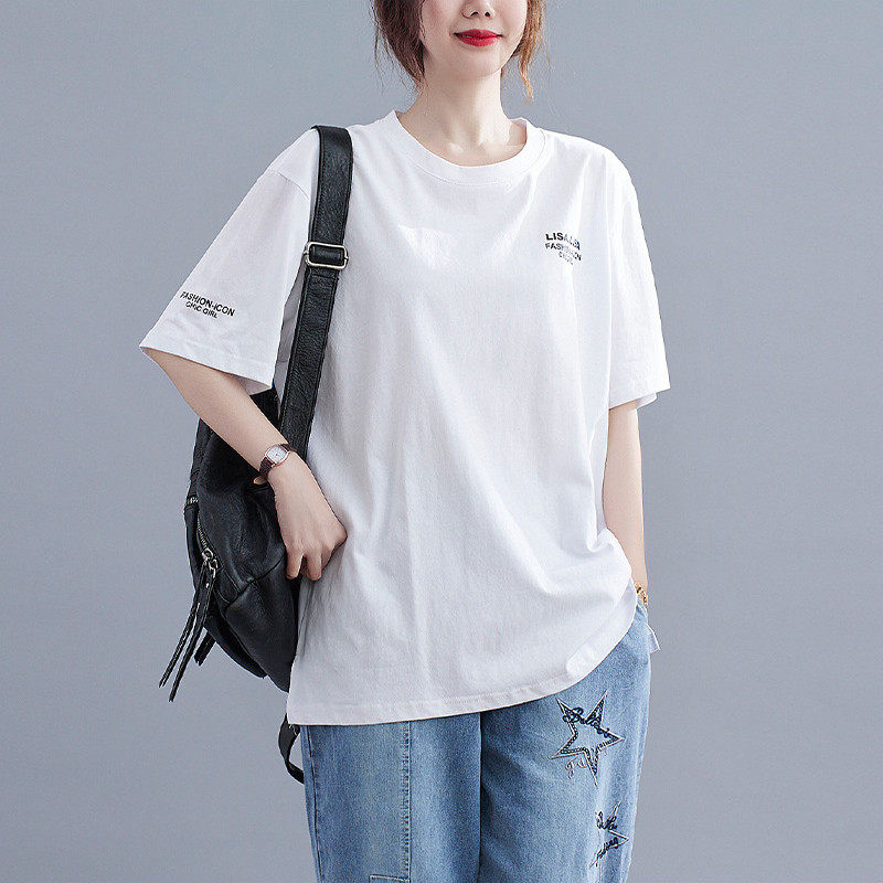 A large 300 kg short - sleeved t - shirt fat sister 200 pounds of loose summer European bulk weight cotton shirt
