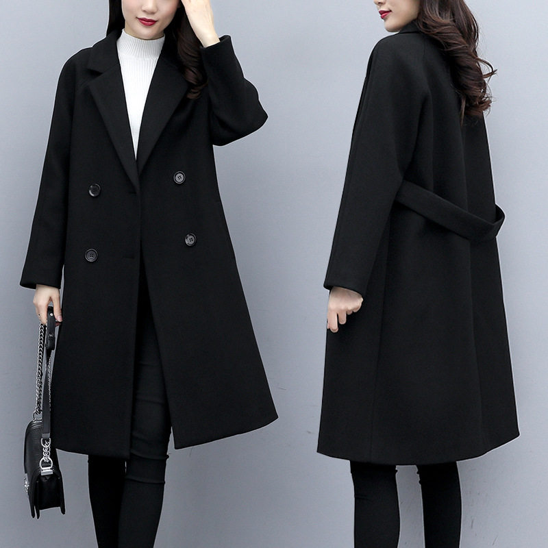 Large size 2022 spring and autumn new black fat mm double-breasted mid-length Korean version suit collar woolen coat jacket women