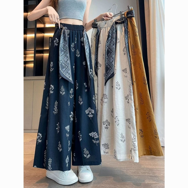 Plus Size 1.0-150kg Retro Lace-Up Ice Silk Wide-Leg Pants for Women, Summer Loose High-Waisted Slimming Casual Straight Nine-Point Pants