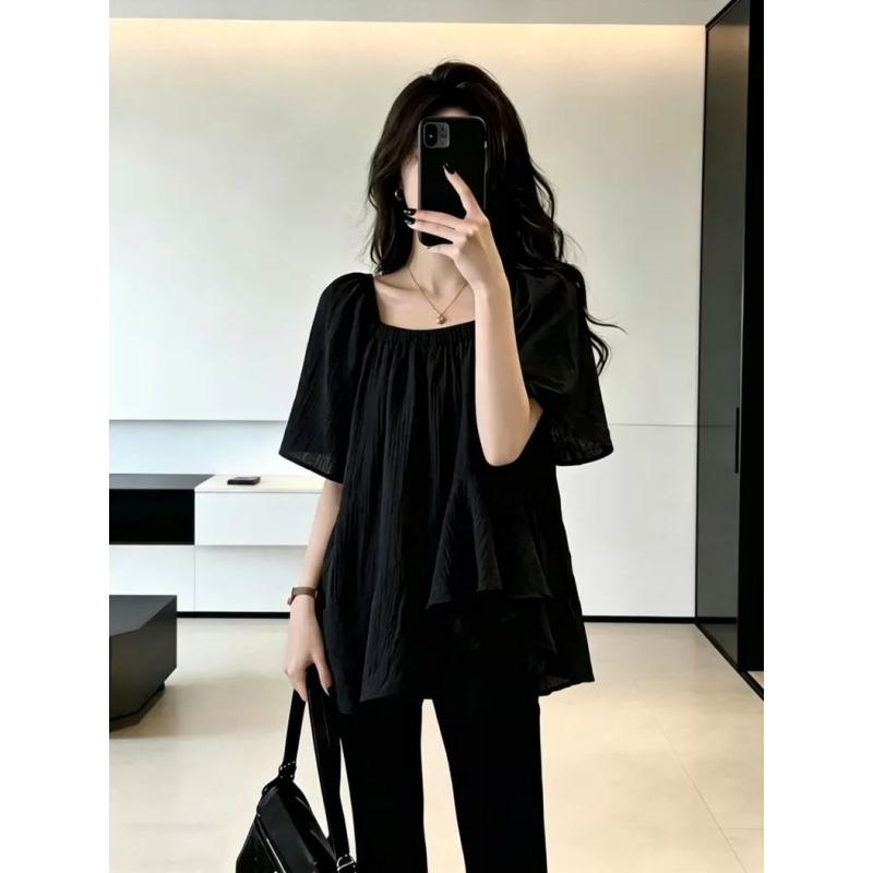 Plus Size Fat mm 150kg Square-Neck Chiffon Short-Sleeved Shirt for Women, Summer Loose Fit, Slimming, Versatile Babydoll Top, Age-Reducing Top Plus Size Fat mm 150kg Square-Neck Chiffon Short-Sleeved Shirt for Women, Summer Loose Fit, Slimming, Versatile Babydoll Top, Age-Reducing Top