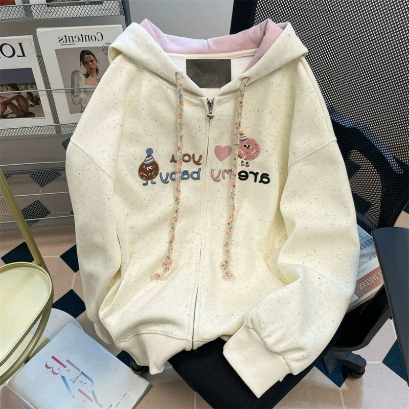Plus Size 1.0-150kg Cute Embroidered Hooded Sweatshirt for Women, Spring and Autumn, Loose Fit, Lazy Style, Age-Reducing Cardigan Jacket