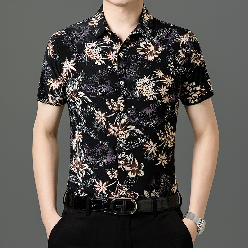 Summer Short-Sleeved Shirt for Men, No-Iron Floral Shirt for Men, Loose Plus Size Printed Ice Silk Top for Dad Style