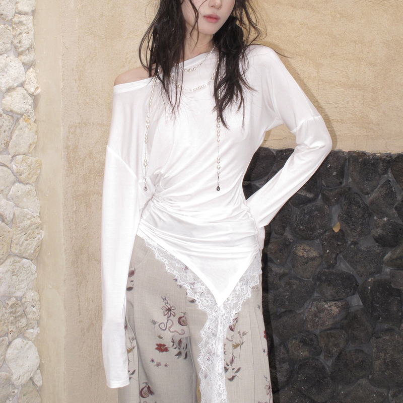 Whynotdance Tencel French Off-Shoulder Lace Ribbon Asymmetrical Long-Sleeve T-Shirt