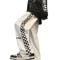 Pants mens winter loose straight velvet thickened trousers autumn and winter trendy brand plaid sweatpants drapey wide-leg casual pants