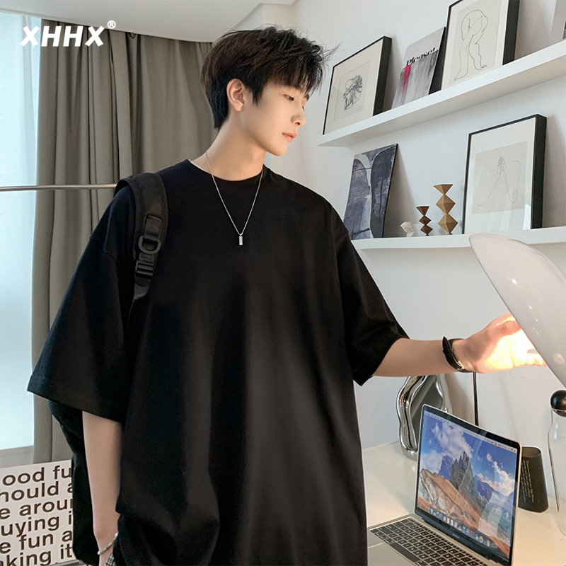 Black Short-Sleeved T-Shirt for Men, Summer Loose Fit, Large Size, Solid Color, Five-Quarter Sleeves, Heavy Fabric, Casual Half-Sleeve Tee for Boys Black Short-Sleeved T-Shirt for Men, Summer Loose Fit, Large Size, Solid Color, Five-Quarter Sleeves, Heavy Fabric, Casual Half-Sleeve Tee for Boys