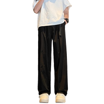 Black straight ice silk pants mens summer thin loose trousers summer cool trendy brand quick-drying drape casual pants