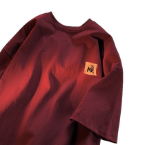 Burgundy short-sleeved T-shirt mens summer national style pure cotton loose casual casual three-quarter sleeve youth large size simple mid-sleeve