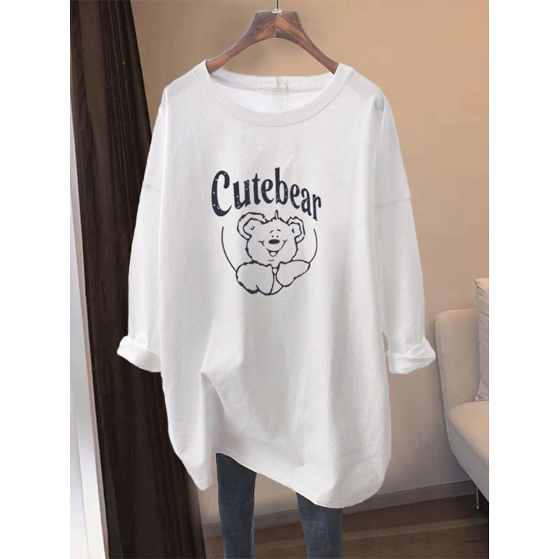 Korean Honey Koko ⭐ Pure Cotton Long-Sleeved T-Shirt for Women with Cartoon Print, Mid-Length, Loose-Fitting Base Shirt for Autumn and Winter.