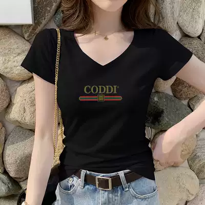 South Korea short sleeve t-shirt women Black slim cotton short 2021 new summer vneck coat outside wear bottoming Super fire