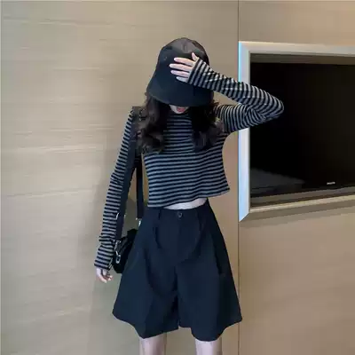 Korean autumn wear 2021 New High waist short early autumn clothes base shirt female slim striped long sleeve T-shirt